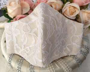 Wedding Lace Face Mask - (Ivory or Taupe) - with White Lace