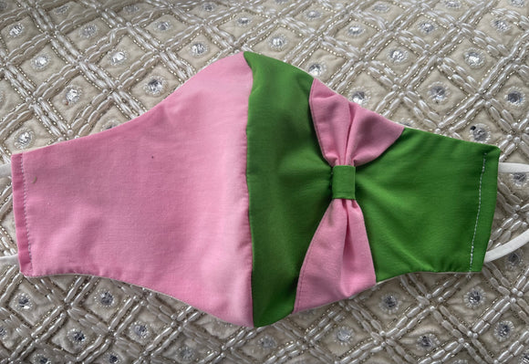 Pink & Green cotton Face Mask w/Pink Bow