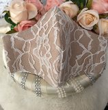 Wedding Lace Face Mask - (Ivory or Taupe) - with White Lace